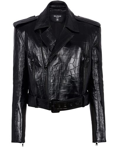 Balmain Veste biker en cuir effet crocodile - Noir