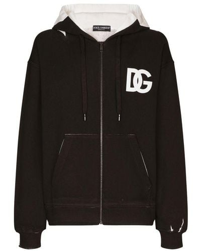 Dolce & Gabbana Dg Logo Print Jersey Hoodie With Zipper - Black