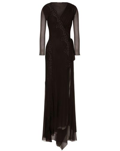 Alberta Ferretti Long Organic Chiffon Dress With Lace - Black
