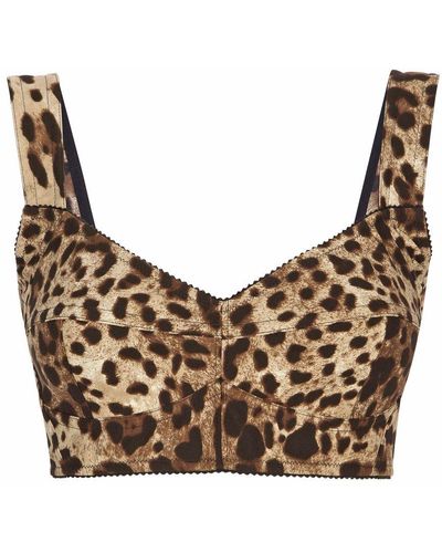 Dolce & Gabbana Short Bustier Top In Charmeuse With Leopard Print - Brown