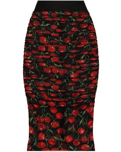 Dolce & Gabbana Cherry-Print Tulle Midi Skirt With Branded Elastic And Draping - Red