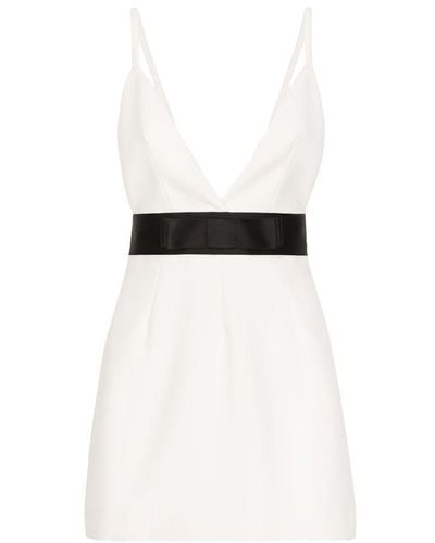Dolce & Gabbana Short Woolen Dress With Satin Belt - White