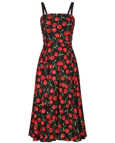 Dolce & Gabbana Long Dress In Cherry Print Charmuse - Red