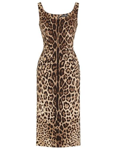 Dolce & Gabbana Charmeuse Calf-Length Dress With Leopard Print - Brown