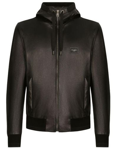 Dolce & Gabbana Leather Jacket With Hood - Black