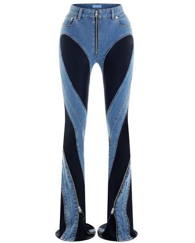 Mugler Spiral-Pattern, Bi-Material Split Jeans - Blue