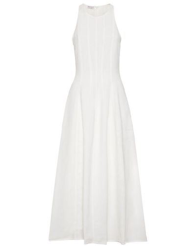 Brunello Cucinelli Long Sleeveless Pleated Dress - White