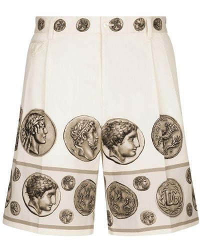 Dolce & Gabbana Drill Stretch Bermuda Shorts With Coin Print - Natural
