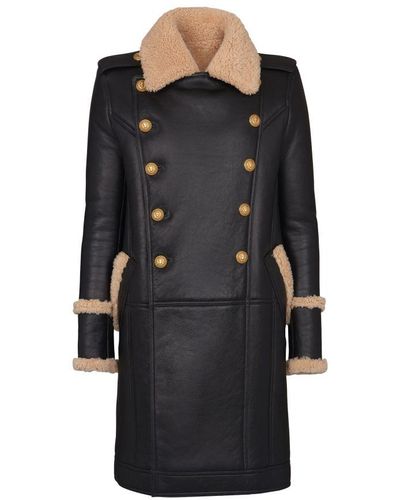 Balmain Lambskin Double-breasted Shearling Coat - Black