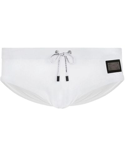Dolce & Gabbana Swim Briefs With High-Cut Leg And Branded Plate - White