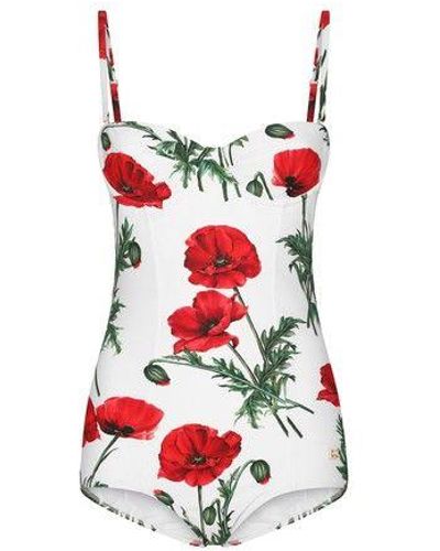 Dolce & Gabbana Poppy-print Balconette One-piece Swimsuit - Red