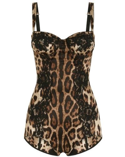 Dolce & Gabbana Silk Balconette Lingerie Bodysuit With Leopard-Print Lace Details - Brown