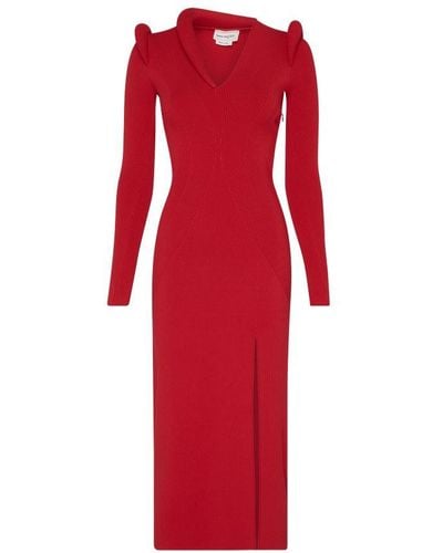Alexander McQueen Ribbed Long-sleeve Midi Dress - Red
