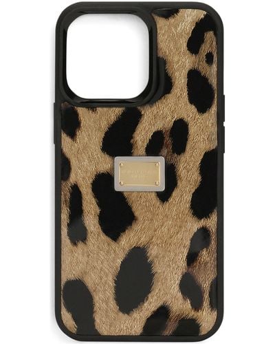 Dolce & Gabbana Hülle für iPhone 14 Pro aus poliertem Kalbsleder mit Leopardenmuster - Schwarz