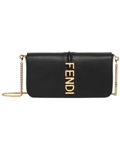 Fendi Graphy Leather Wallet On Chain - Black