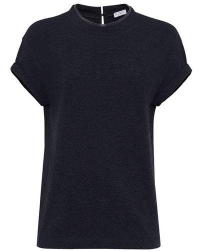 Brunello Cucinelli Jersey Cotton T-Shirt With Superimposed Effect - Blue