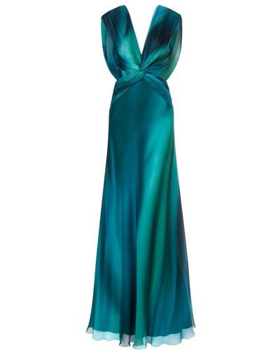 Alberta Ferretti Long Silk Chiffon Dress With Gradient Print - Blue