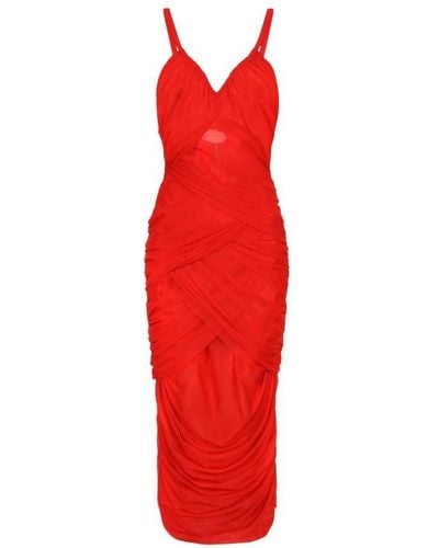 Dolce & Gabbana Draped Midi Dress In Stretch Tulle - Red