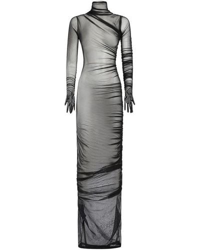 Ann Demeulemeester Patty Long Draped Dress With Gloved Sleeves - Gray