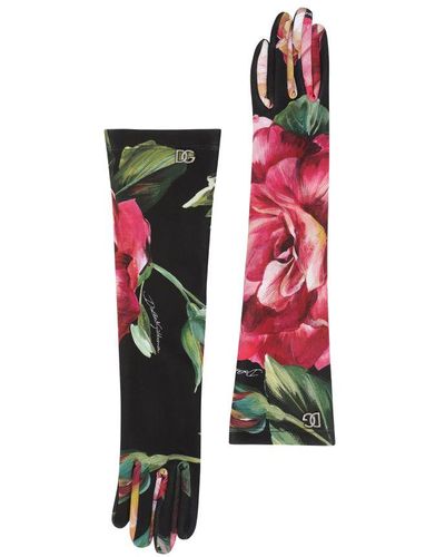 Dolce & Gabbana Rose-Print Jersey Gloves With Logo - Red