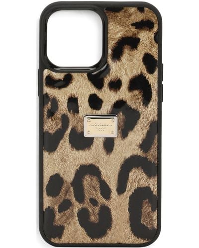 Dolce & Gabbana Hülle für iPhone 14 Pro Max aus poliertem Kalbsleder mit Leopardenmuster - Schwarz