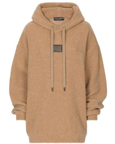 Dolce & Gabbana Wool Jersey Hoodie With Logo Tag - Natural