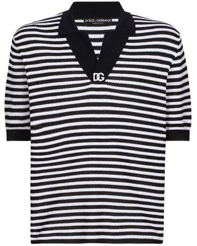 Dolce & Gabbana Striped Cotton V-neck Polo-shirt - Black