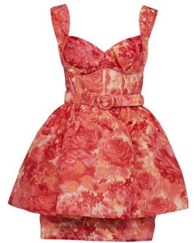 Zimmermann Mini-robe En Lin Et Soie Mélangés À Imprimé Fleuri High Tide - Rouge