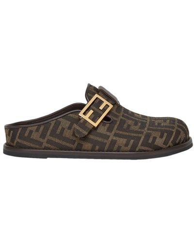 Fendi Round-Toed Sabots With Ff Strap - Brown