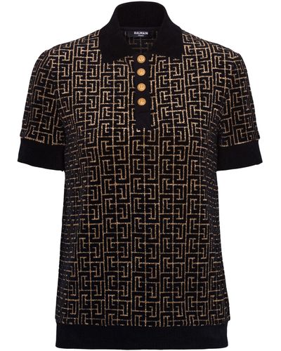 Balmain Poloshirt aus Jacquard-Samt mit Monogramm - Schwarz
