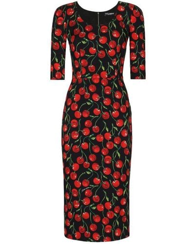 Dolce & Gabbana Cherry-Print Charmeuse Calf-Length Dress - Red