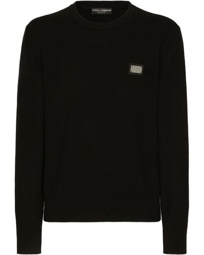 Dolce & Gabbana Pull à col rond en laine avec étiquette à logo - Noir
