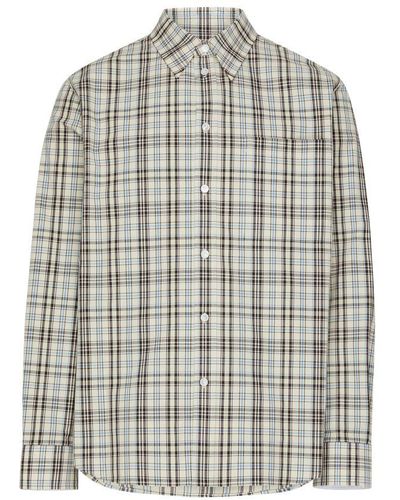Bottega Veneta Cotton Linen Check Shirt With "Bv" Embroidery - Gray