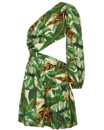 FARM Rio One-sleeve Cutout Printed Linen-blend Mini Dress - Green