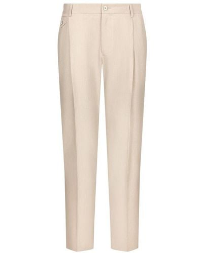 Dolce & Gabbana Linen Trousers With Stretch Waistband - Natural