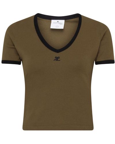 Courreges Contrast V Neck T-Shirt - Green