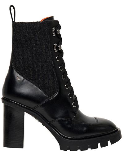 Santoni Leather Lace-up Ankle Boots - Black