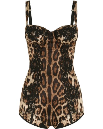 Dolce & Gabbana Combinaison lingerie avec soutien-gorge à balconnet en soie, imprimé léopard et détails en dentelle - Marron