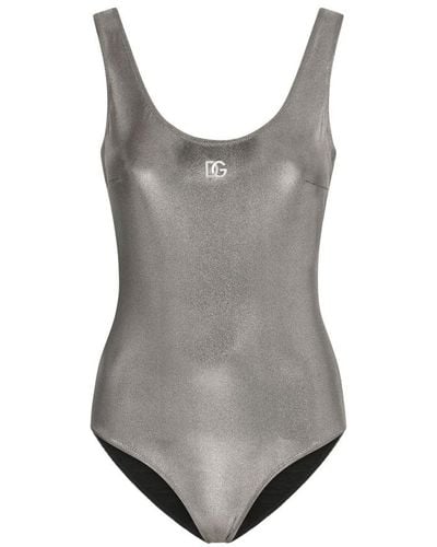 Dolce & Gabbana Metallic One-piece Swimsuit With Logo - Gray