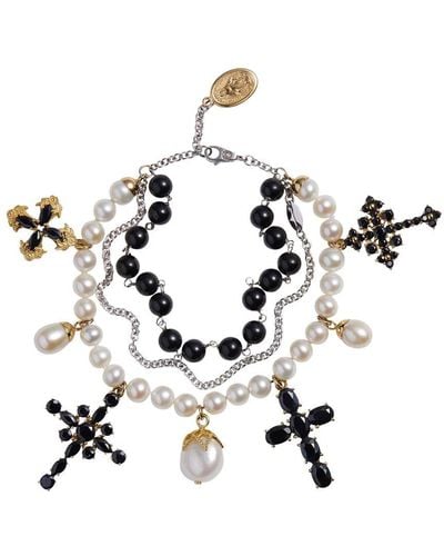 Dolce & Gabbana Yellow And White Gold Family Bracelet With Cblack Sapphire, Pearl And Black Jade Beads - Metallic