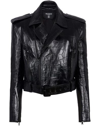 Balmain Crocodile-effect Leather Biker Jacket - Black