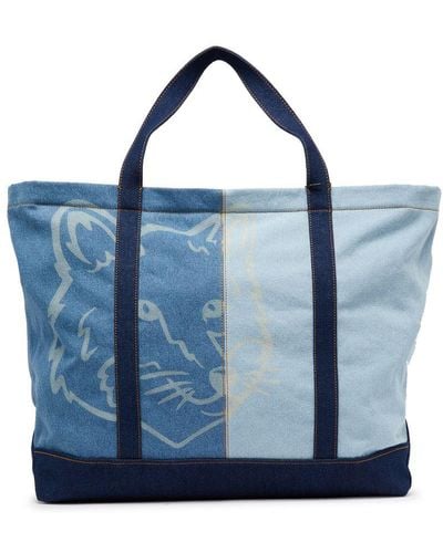 Maison Kitsuné Fox Head Denim Tote Bag - Blue