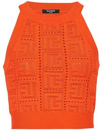 Balmain Knit Crop Top With Monogram - Orange