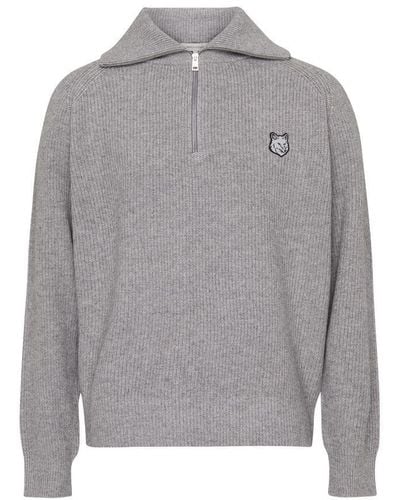 Maison Kitsuné Fox Head Patch Half Zip Ribbed Sweater - Gray