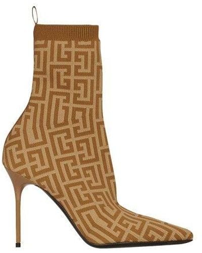 Balmain Stretch Knit Skye Ankle Boots With Monogram - Brown