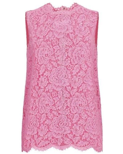 Dolce & Gabbana Branded Floral Cordonetto Lace Top - Pink