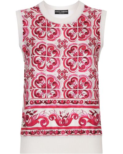 Dolce & Gabbana Pullover aus Seide und Twill mit Majolika-Print - Rot