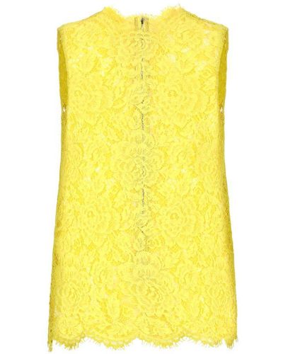 Dolce & Gabbana Branded Floral Cordonetto Lace Top - Yellow