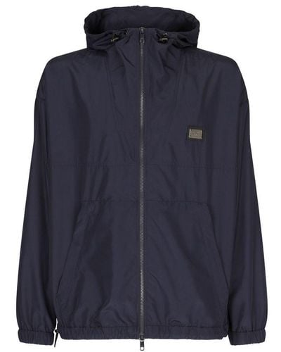 Dolce & Gabbana Nylon Jacket With Hood And Logo Plaque - Blue