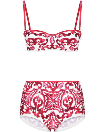 Dolce & Gabbana Bikini Balconnet et Culotte à Imprimé Majoliques - Rouge